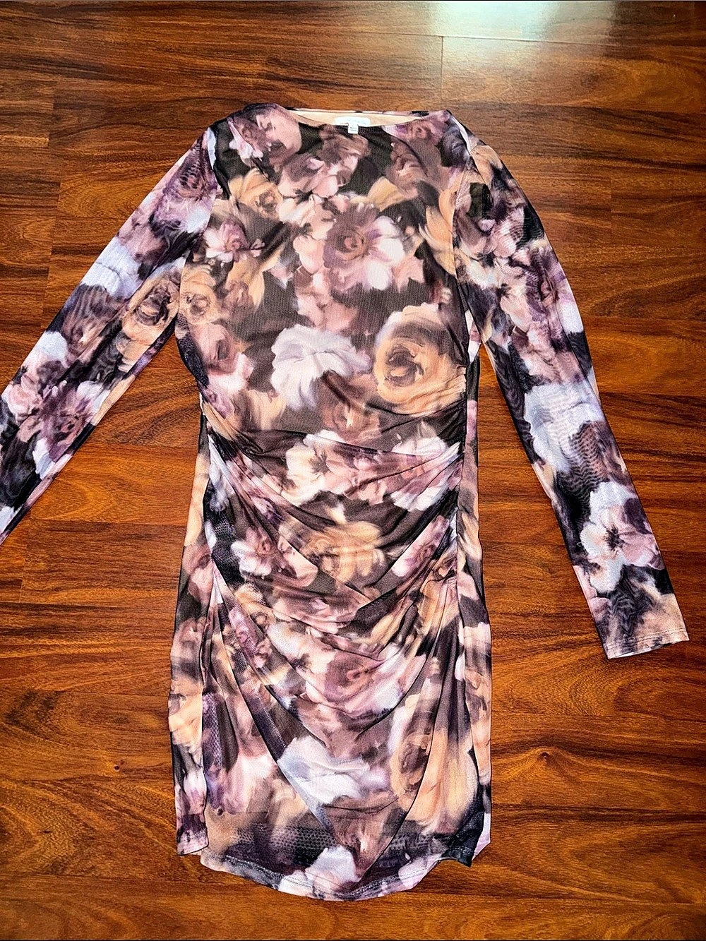 Nocturne Floral Ruched Midi Dress in Brown & Pink Size Medium